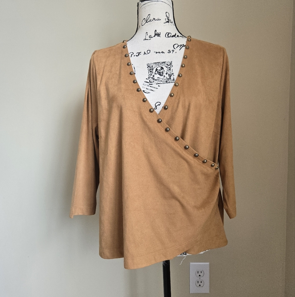 Soft Surroundings Tan Faux Suede Wrap-Style Studded Blouse